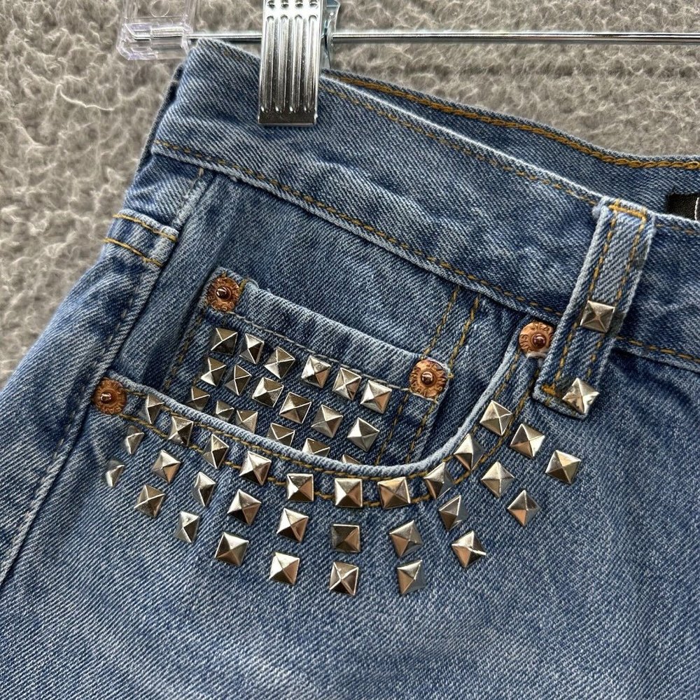 Love Culture Shorts Junior's Medium Blue Denim Distressed Studded Shorts Size M - Picture 7 of 16